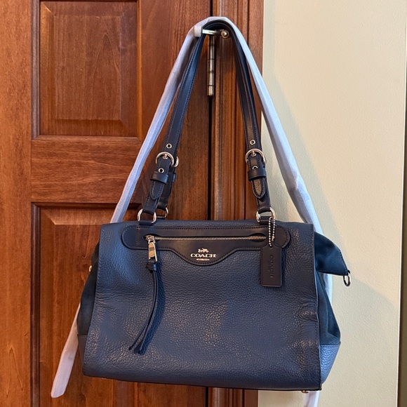 Coach Kleo Carryall Denim Leather Suede Navy Blue Authentic Satchel Handbag - Picture 4 of 13